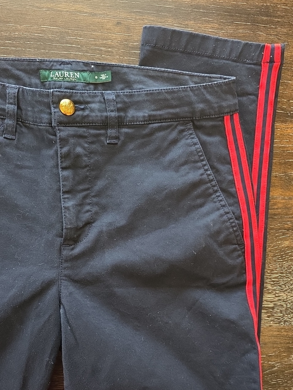 Lauren Ralph Lauren Navy Chinos with Red Side Stripes - Womens
